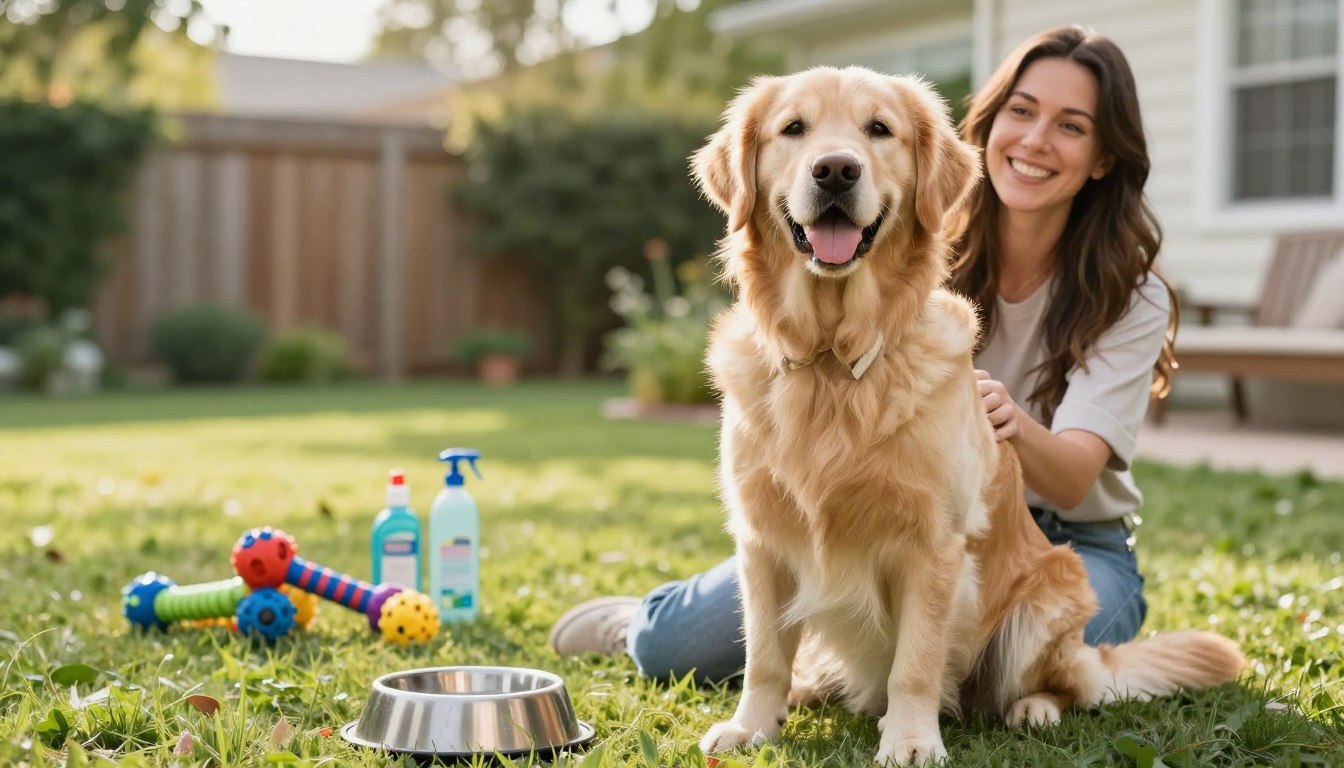 Happy healthy dog following daily health routine with owner in sunny backyard