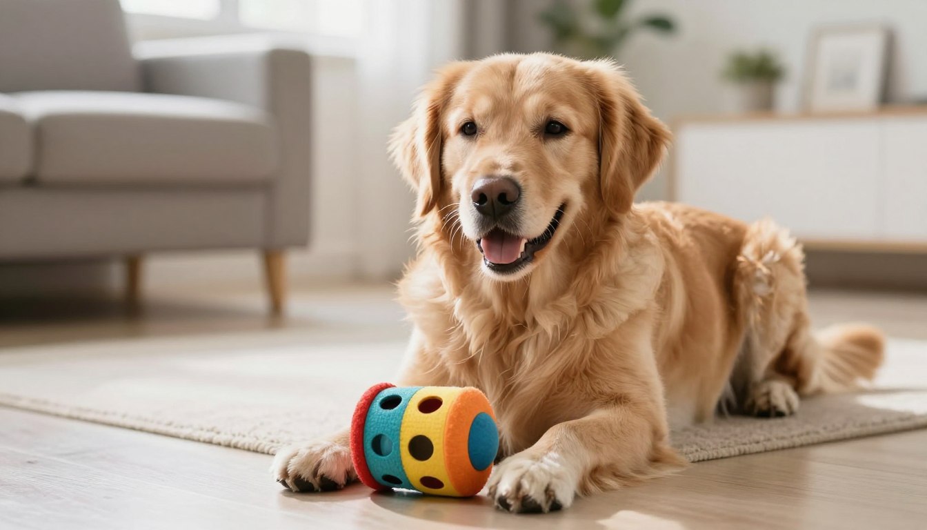 happy dog playing with puzzle toy showing mental stimulation activities for dogs