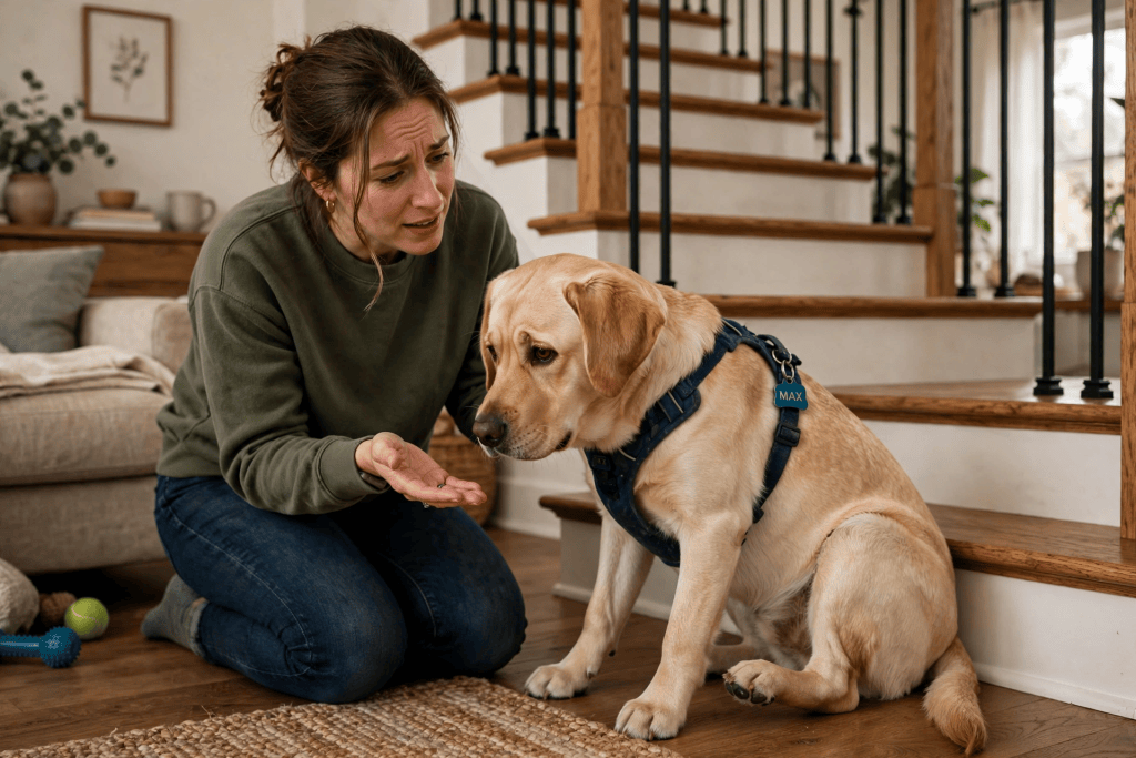 A woman kneeling on the floor, looking concerned while interacting with a Labrador retriever wearing a harness. The setting is a cozy home with wooden stairs in the background.
