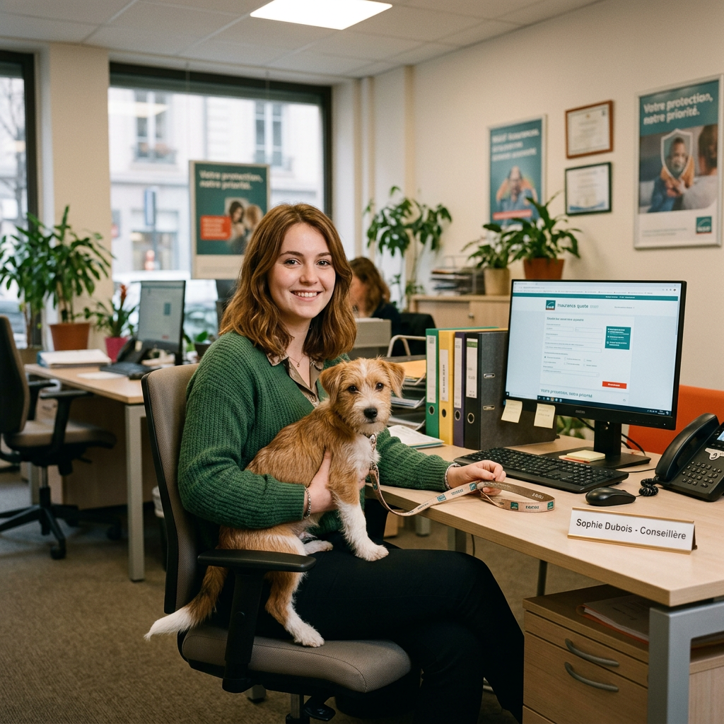 Insurance adviser Sophie Dubois holding a dog beside a quote computer screen