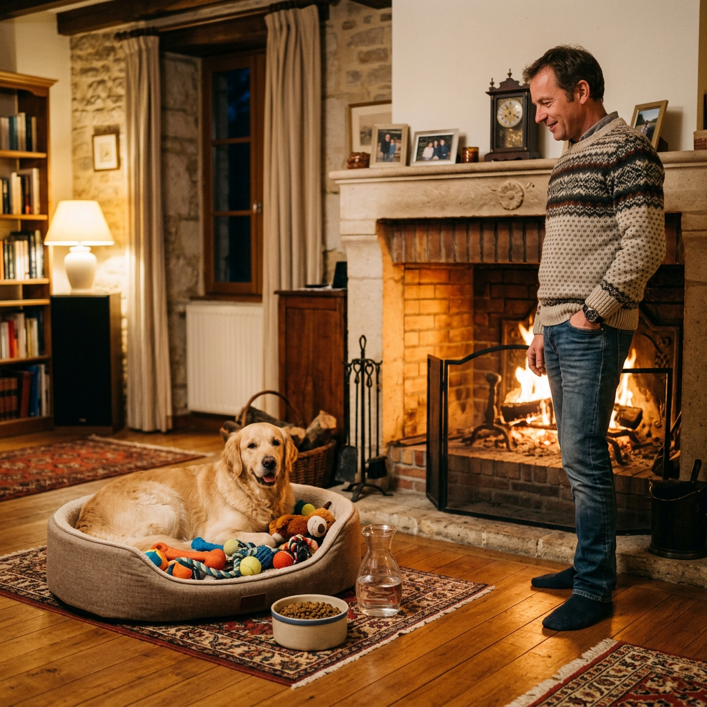 Homme et chien près d’une cheminée, entouré de jouets
