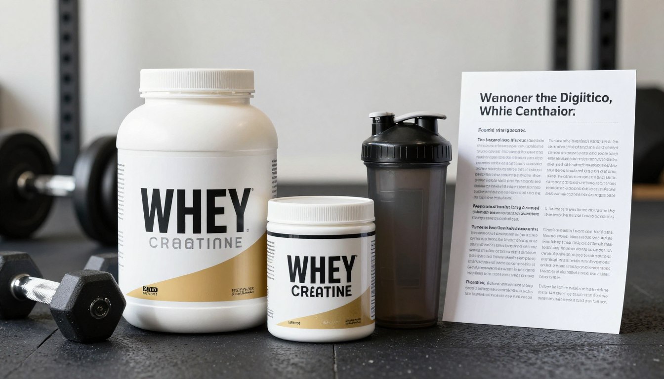 whey protein vs creatine containers beside beginner gym equipment