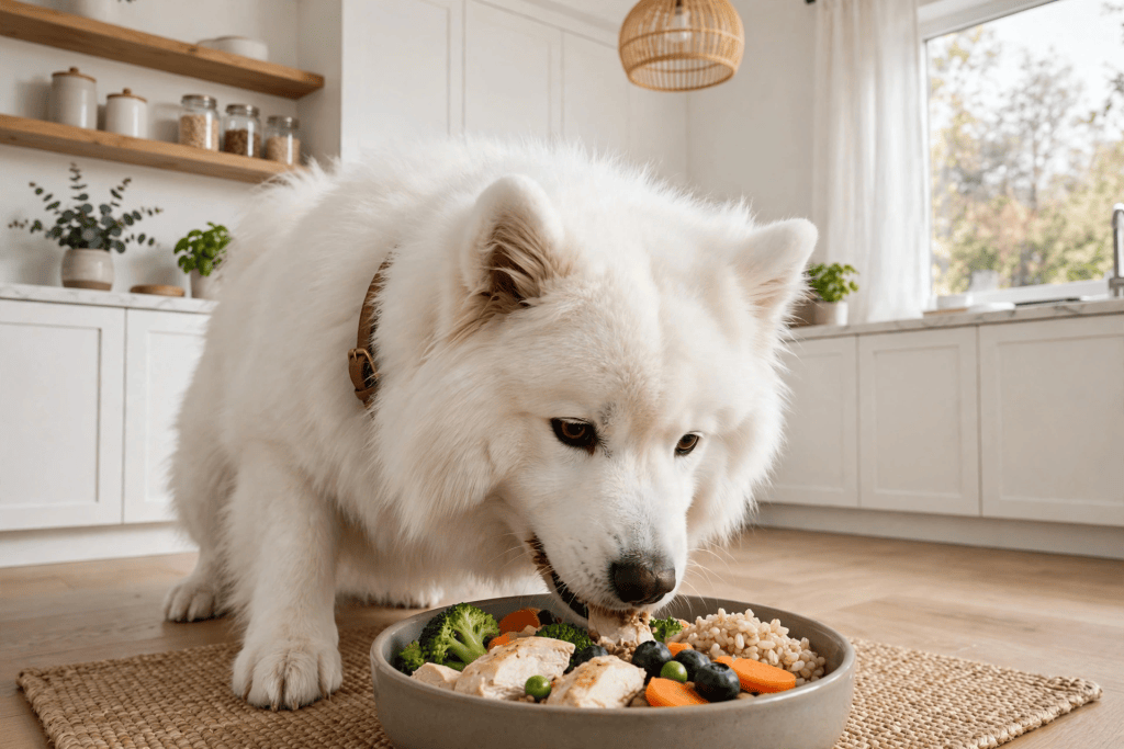 A fluffy white dog eating from a large bowl filled with chicken, vegetables, and grains, in a bright kitchen setting.