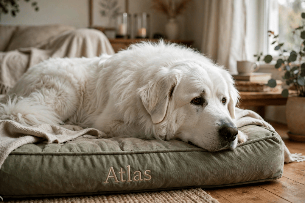 A white fluffy dog named Atlas lying on a plush dog bed in a cozy living room setting.