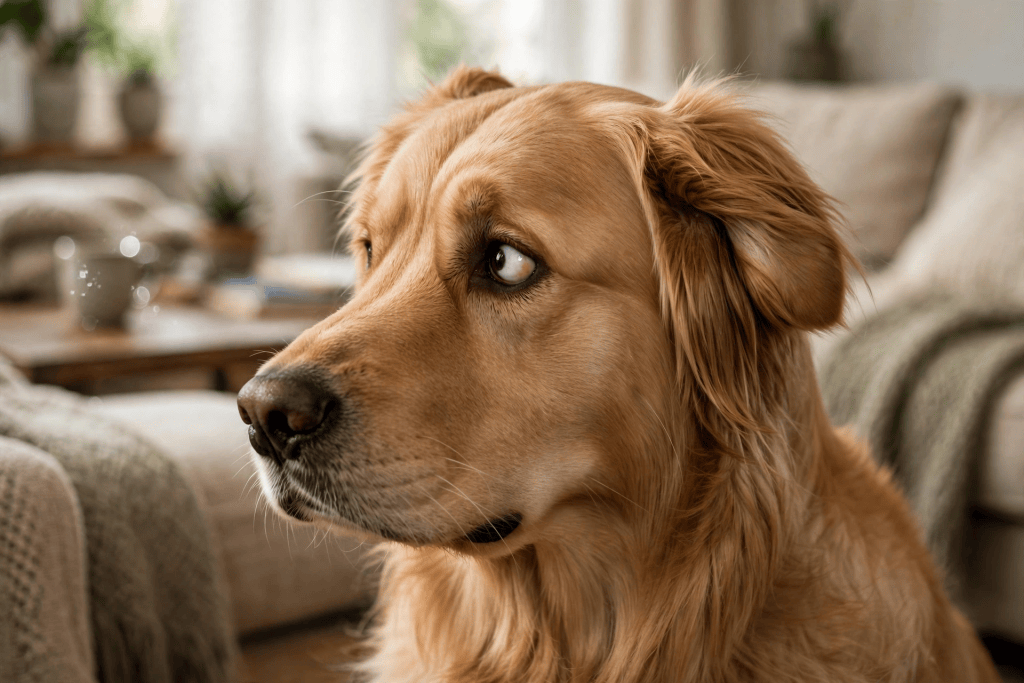 Close-up of a golden retriever dog looking thoughtfully with a blurred living room background.