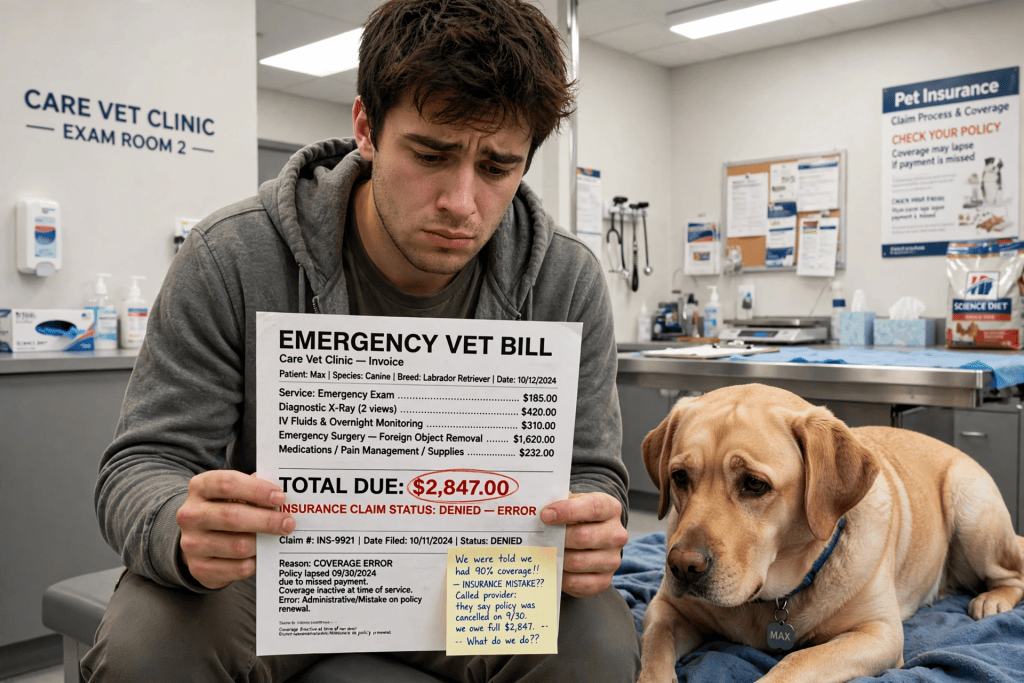 A worried young man holding an emergency vet bill with a total of $2,847, seated next to a Labrador Retriever in a veterinary clinic exam room.