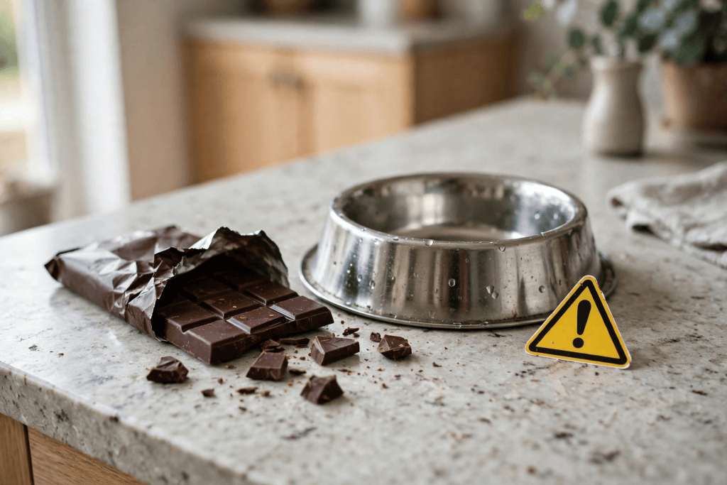 A partially unwrapped bar of chocolate with broken pieces beside it, next to a stainless steel pet food bowl and a yellow caution sign on a marble countertop.