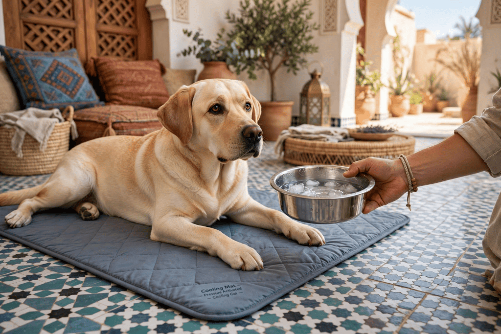A Labrador dog lying on a cooling mat inside a vibrant home. A person is holding a bowl of ice water toward the dog.