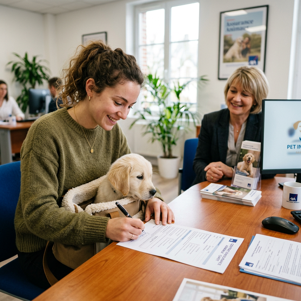 Woman holding a golden retriever puppy while completing adoption paperwork