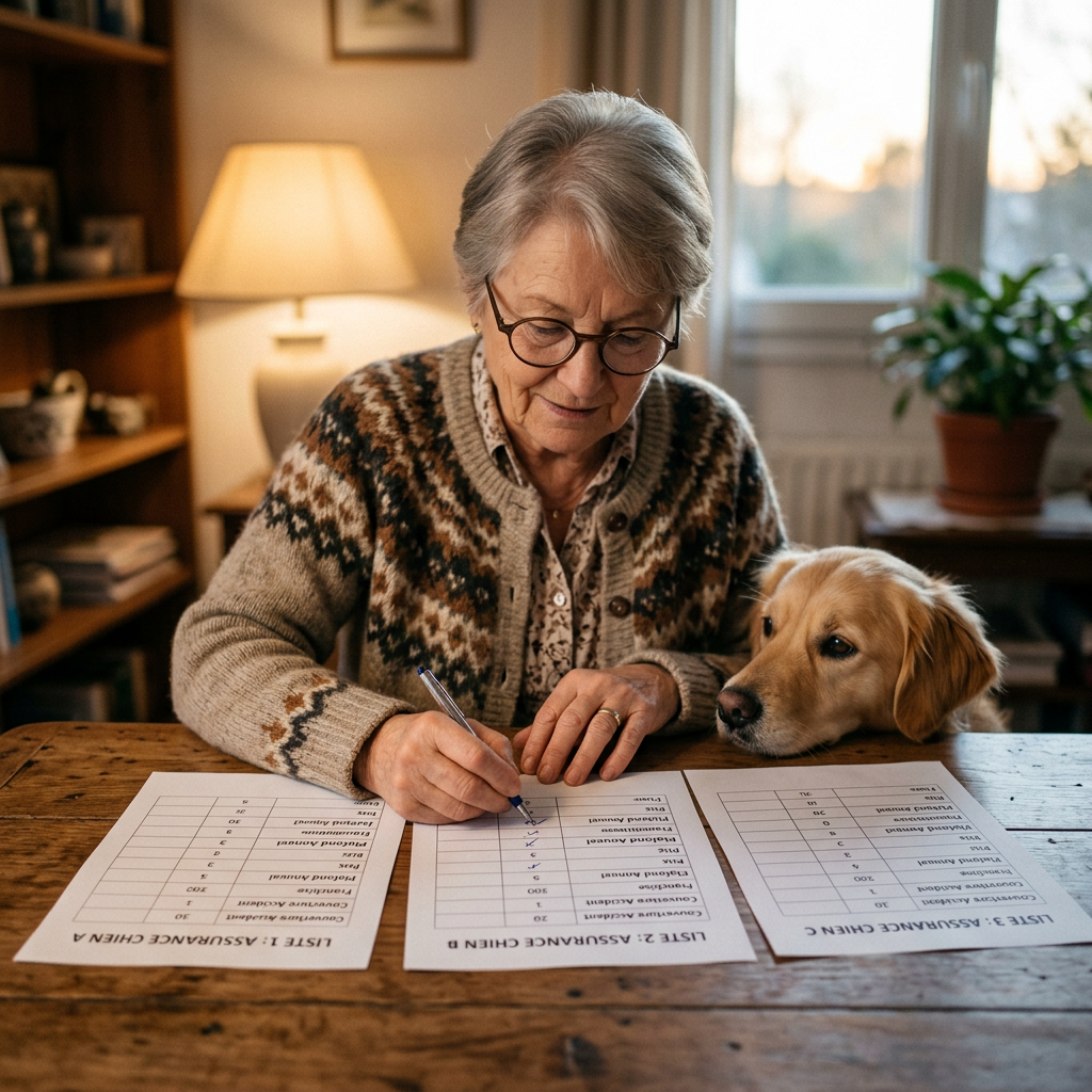 Older woman comparing dog insurance forms while a golden retriever rests beside her