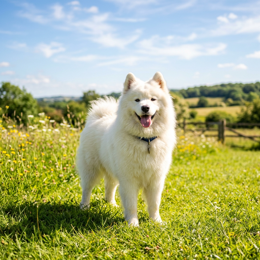 Fluffy white dog standing in a sunny meadow of wildflowers